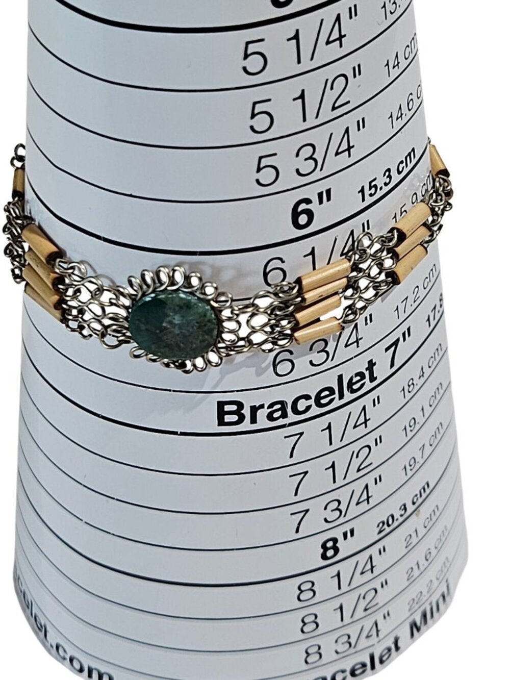 Wooden Beaded Silvertone Chain Bracelet Green Stone 6.5 inches Long
